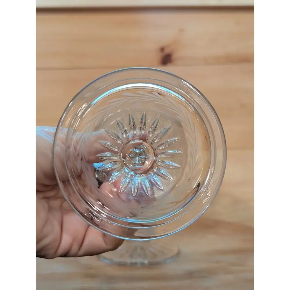 Vintage Etched Glass Covered Candy Dish Pedestal Apothecary Jar with Lid 10